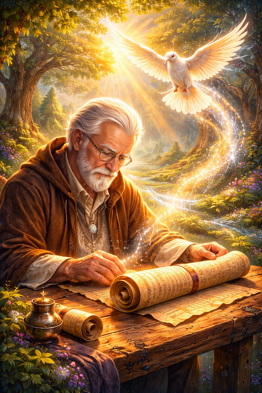 Humbled man reading less scrolls in a beautiful wildernessin high fantasy stlyle